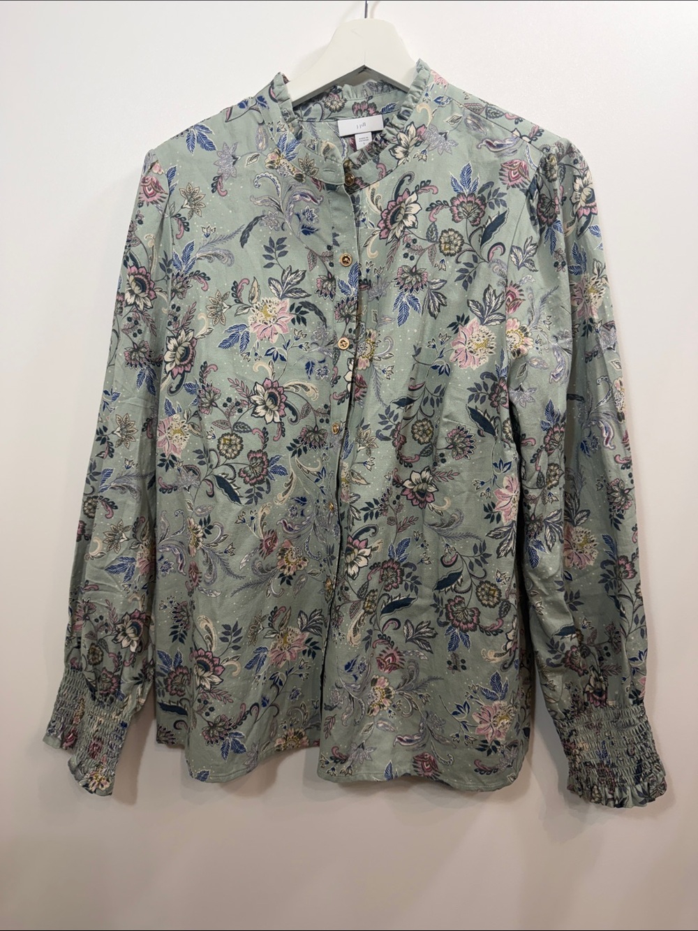 J.Jill green floral button down long sleeve top size large. NWT.